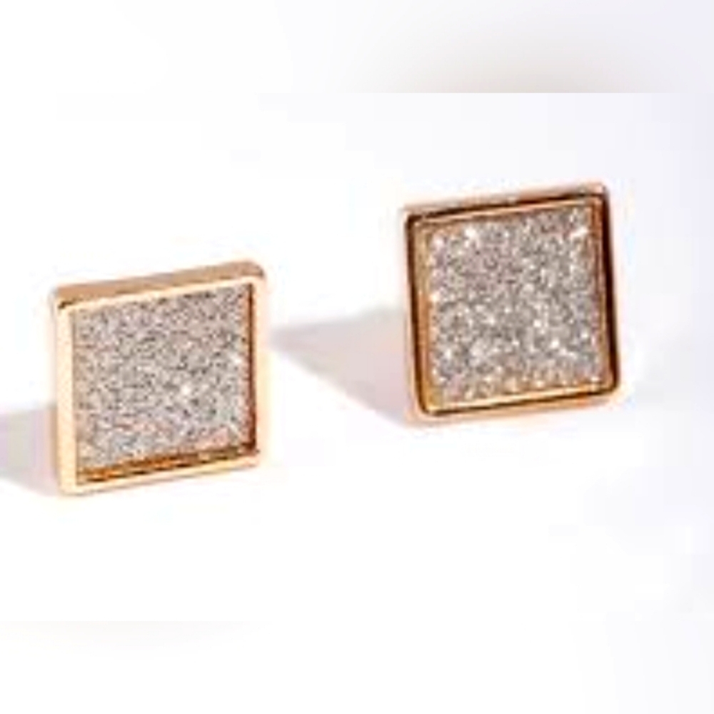 🆕️(10mm-1/2")🌺Square Glitter Druzy Goldtone Post Back Stud Earrings🌺
